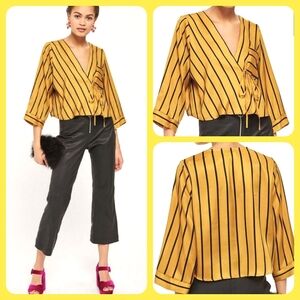 Topshop Gold & Black Stripe Cropped Wrap Blouse